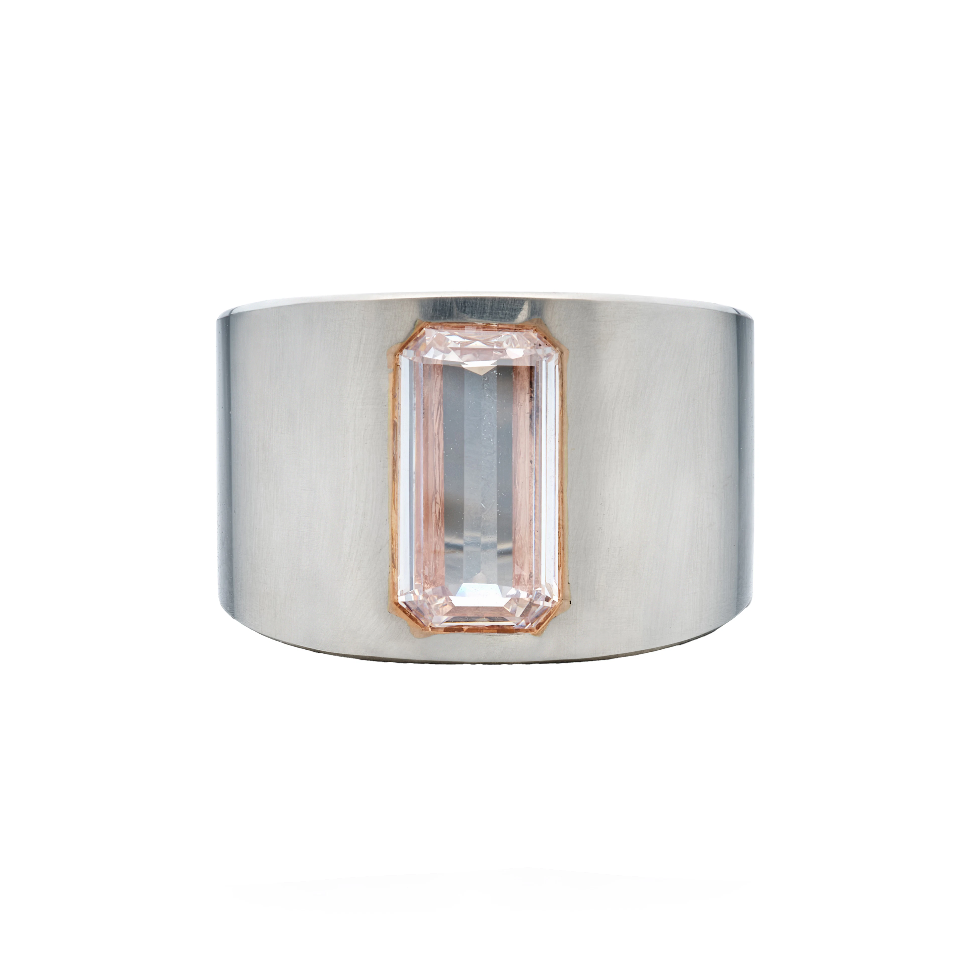 Platinum, Rose Gold and 2.01ct Emerald Cut Faint Pink Diamond Cigar Band Ring