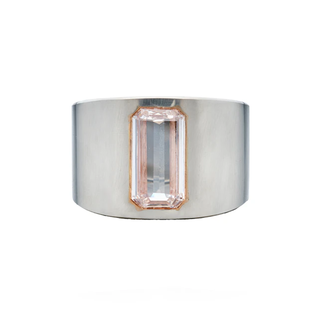 Platinum, Rose Gold and 2.01ct Emerald Cut Faint Pink Diamond Cigar Band Ring