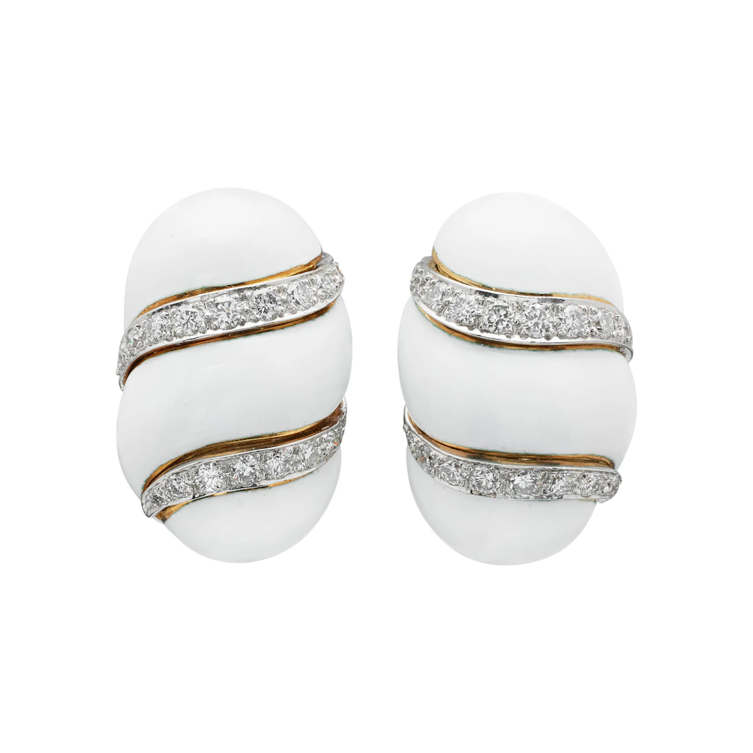 Platinum, Gold, Enamel and Diamond Earclips