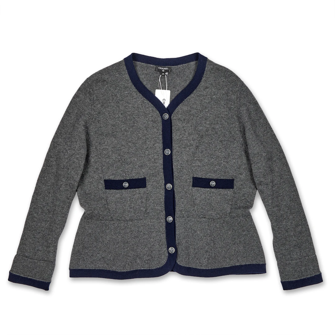 Grey and Navy Cashmere Métiers d'Art Paris-Hamburg CC Logo Cardigan, 2018