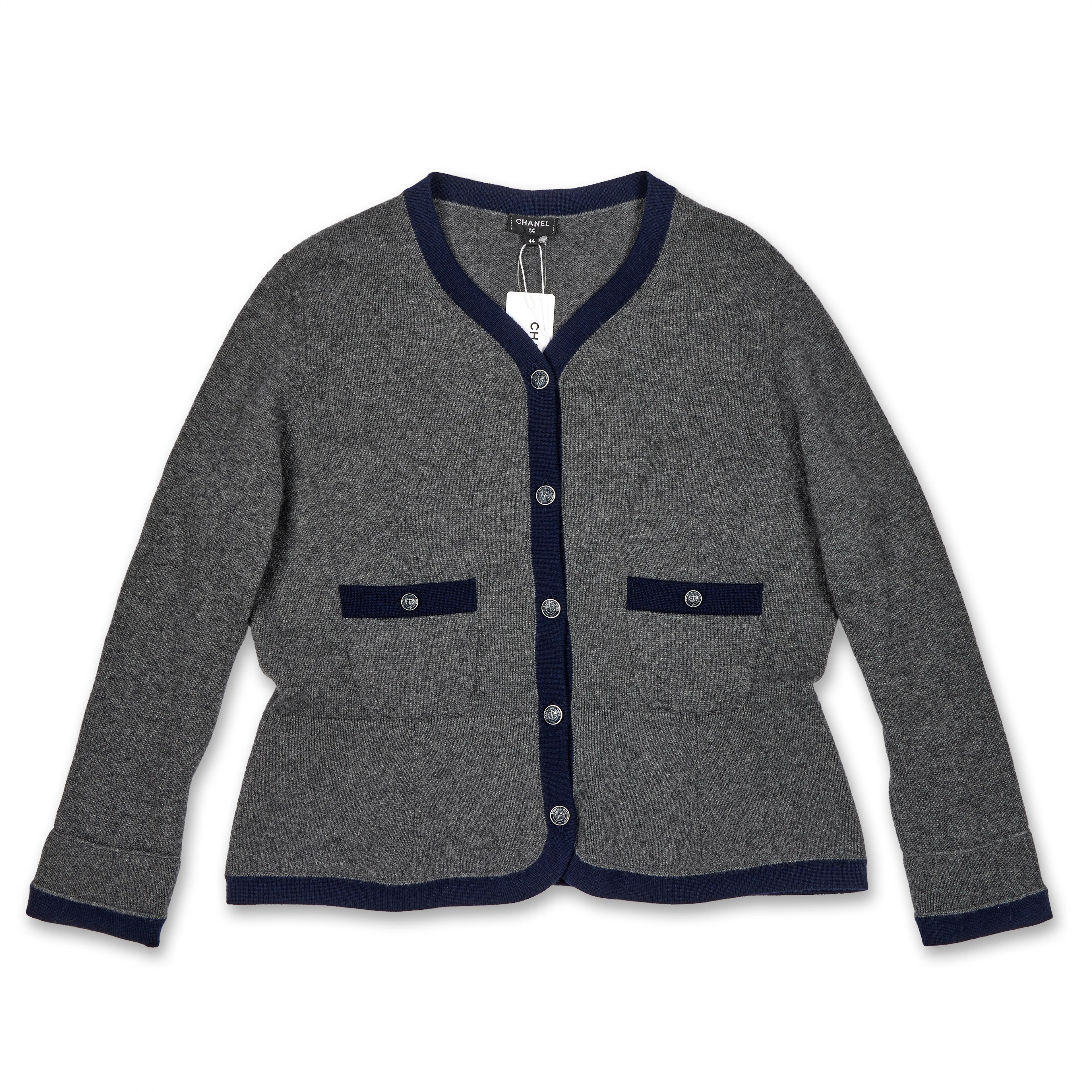 Grey and Navy Cashmere Métiers d'Art Paris-Hamburg CC Logo Cardigan, 2018