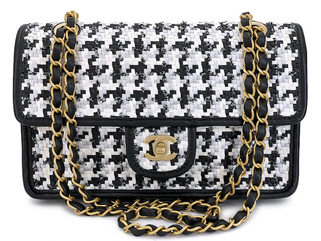 Black and White Wicker Straw Houndstooth Flap Bag Gold Hardware, 2023