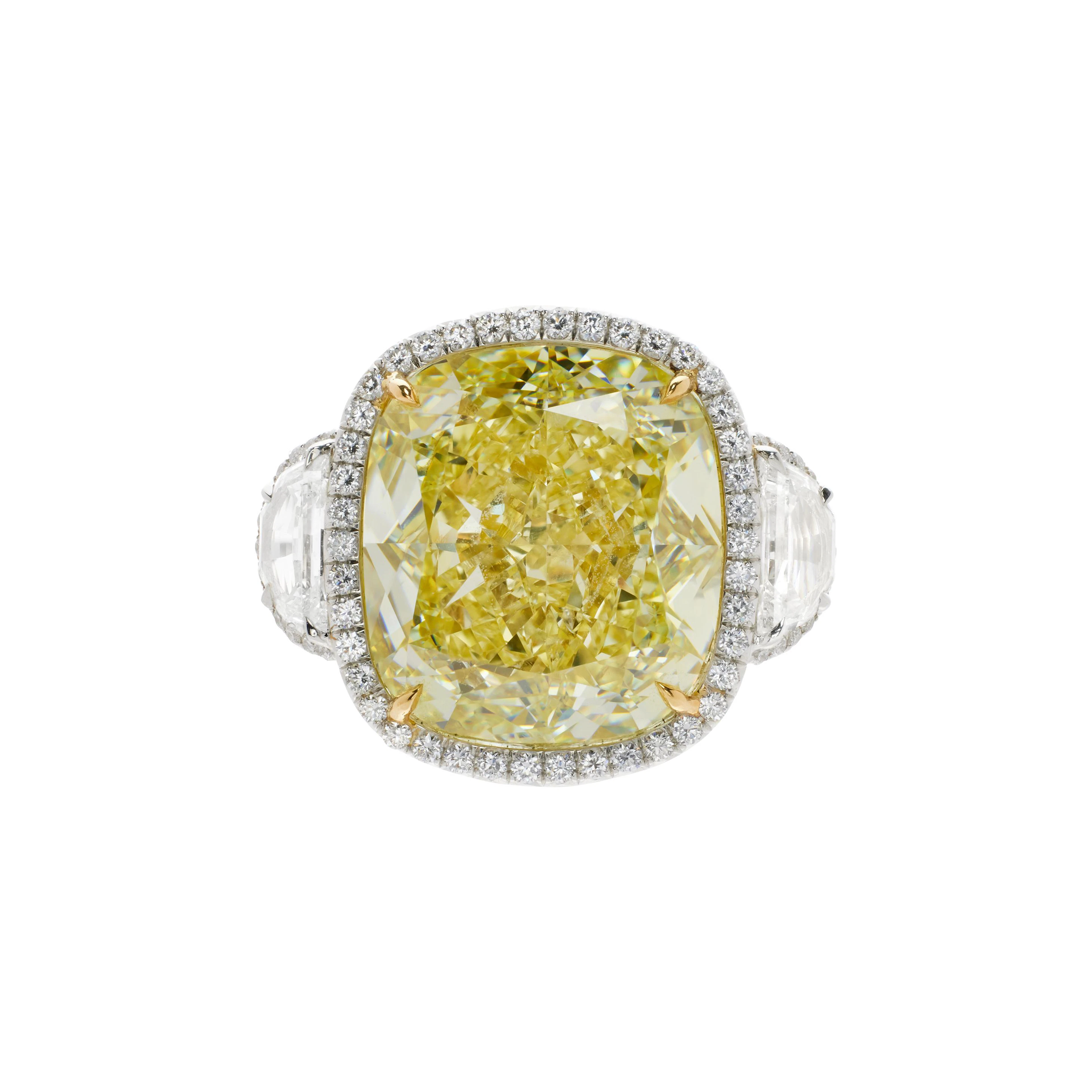 Platinum, Gold, 16.06ct Cushion Cut Fancy Yellow Diamond and Diamond Ring