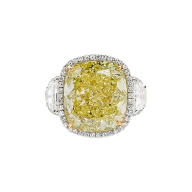 Platinum, Gold, 16.06ct Cushion Cut Fancy Yellow Diamond and Diamond Ring
