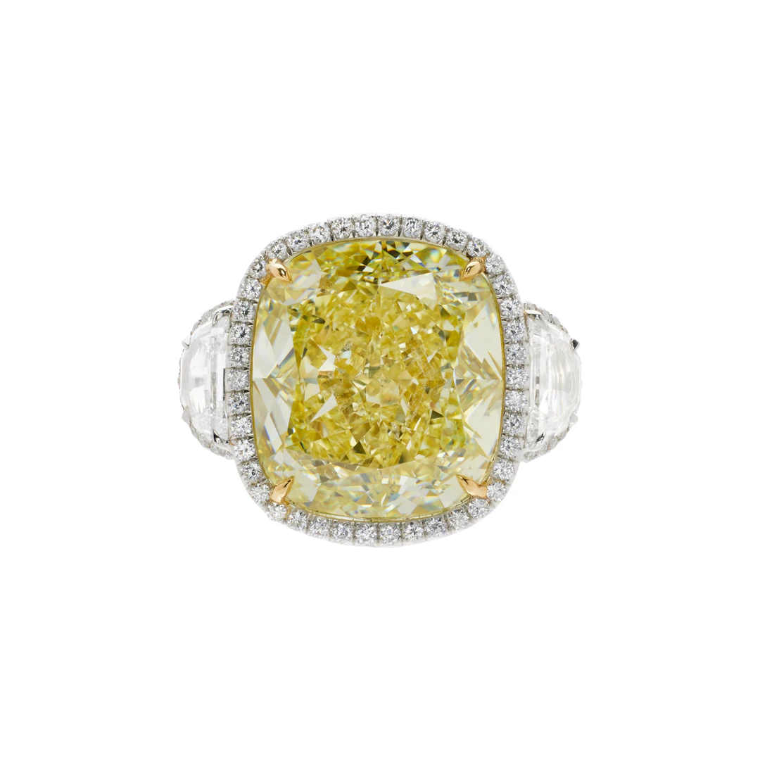 Platinum, Gold, 16.06ct Cushion Cut Fancy Yellow Diamond and Diamond Ring