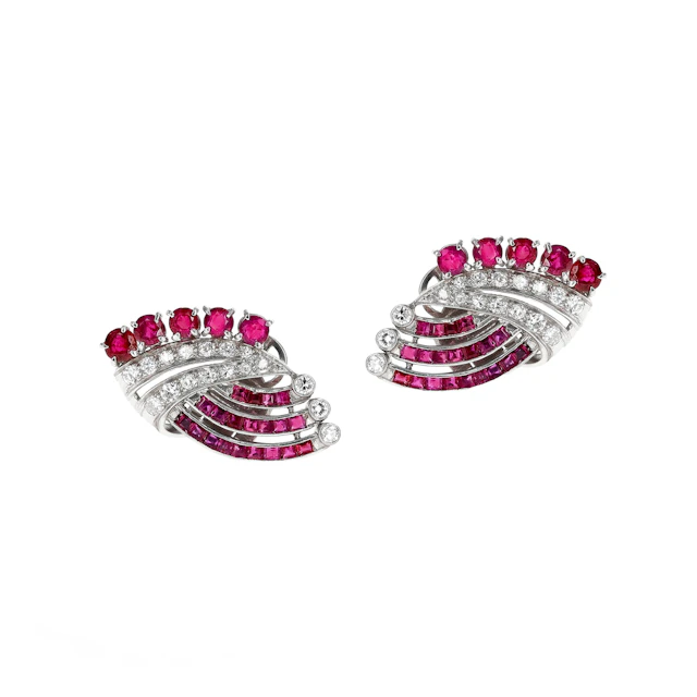 Art Deco Platinum, Ruby and Diamond Earclips
