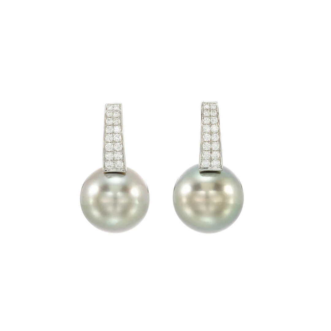 White Gold, Tahitian Pearl and Diamond Hoop Earrings