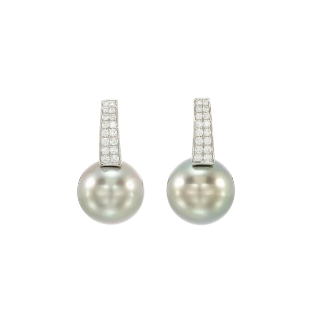 White Gold, Tahitian Pearl and Diamond Hoop Earrings