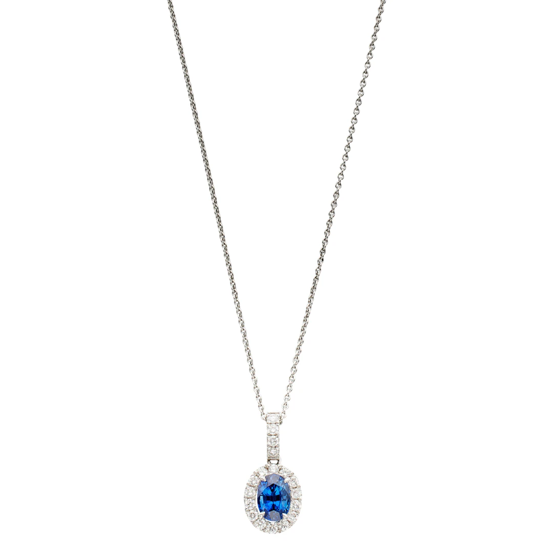 White Gold, 1.52ct Madagascar Sapphire and Diamond Pendant Necklace