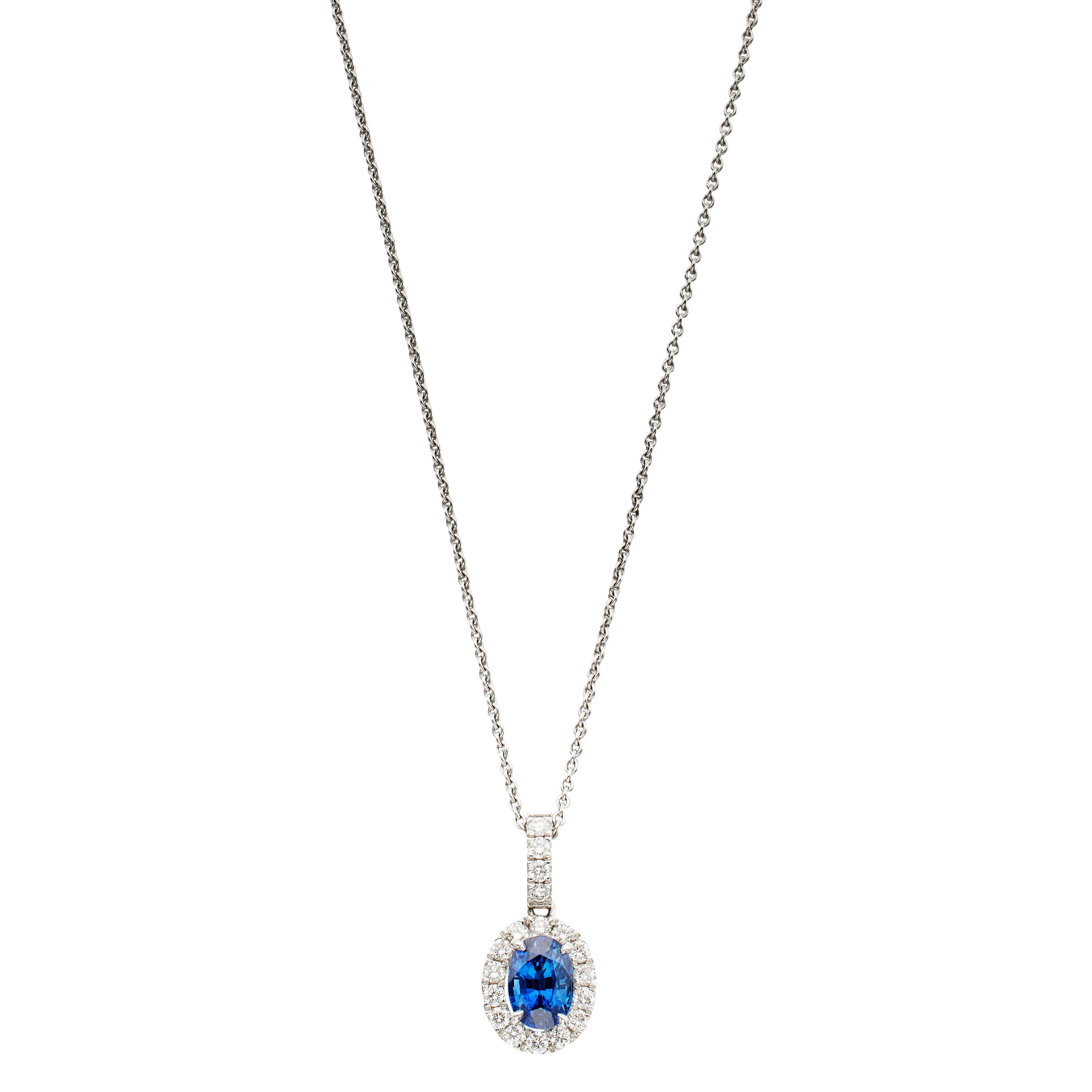 White Gold, 1.52ct Madagascar Sapphire and Diamond Pendant Necklace