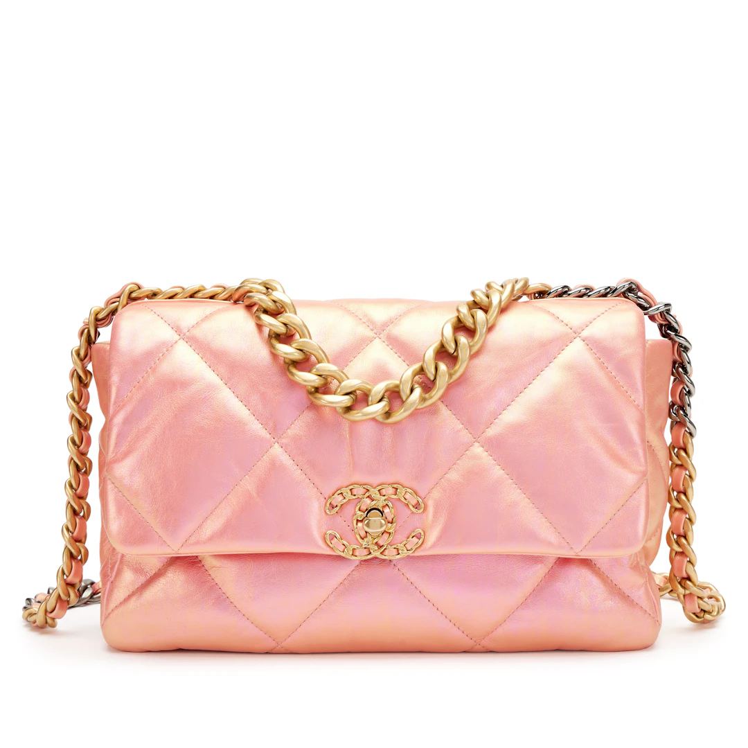 Chanel Pink Iridescent Quilted Calfskin Medium 19 Flap Gold, Silver