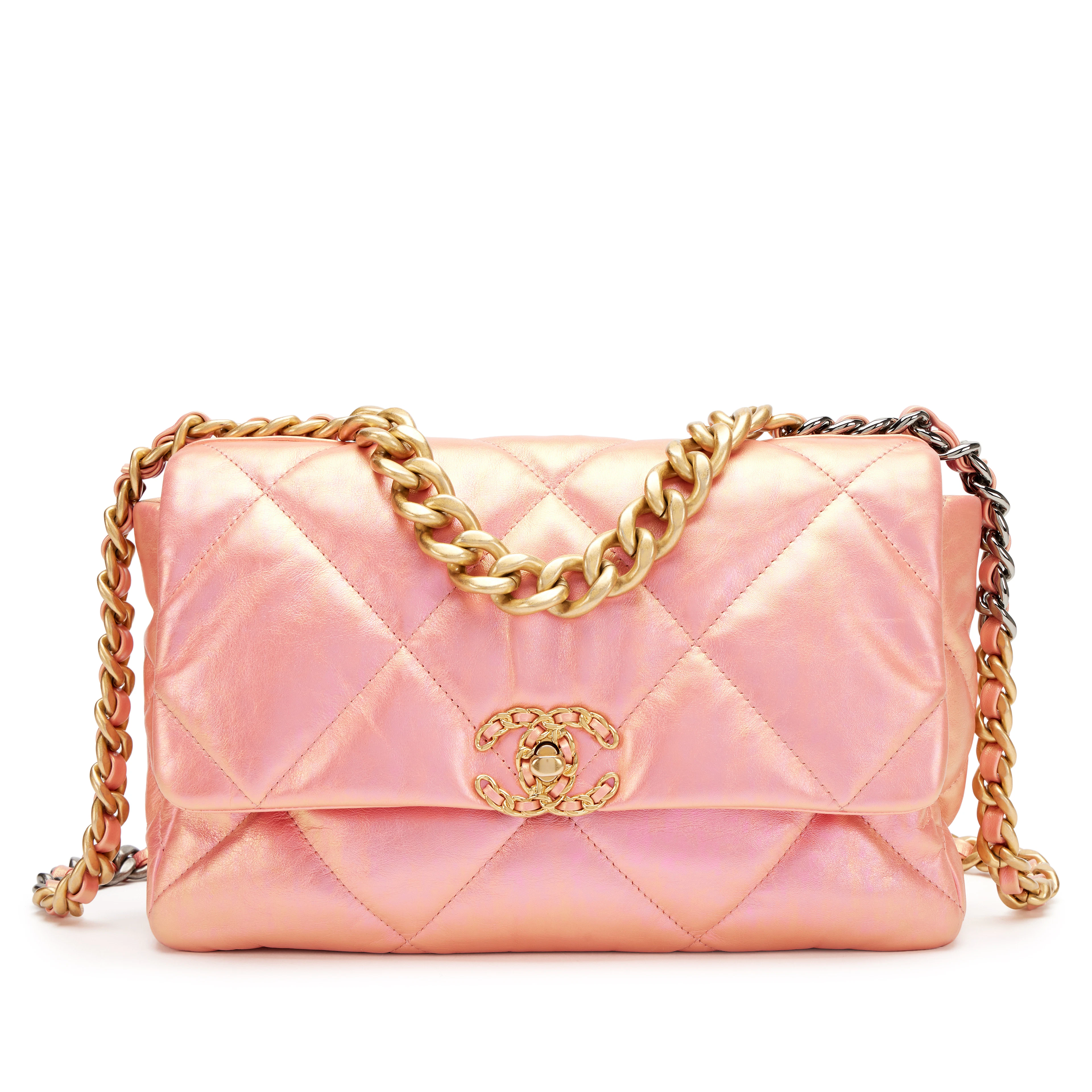 Chanel Pink Iridescent Quilted Calfskin Medium 19 Flap Gold, Silver