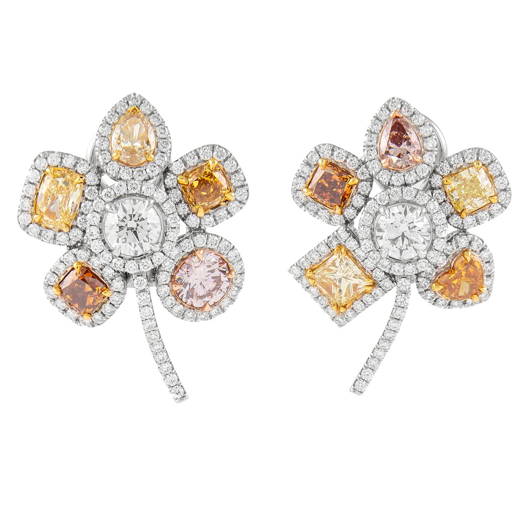 Gold, Fancy Color Diamond and Diamond Floral Earclips