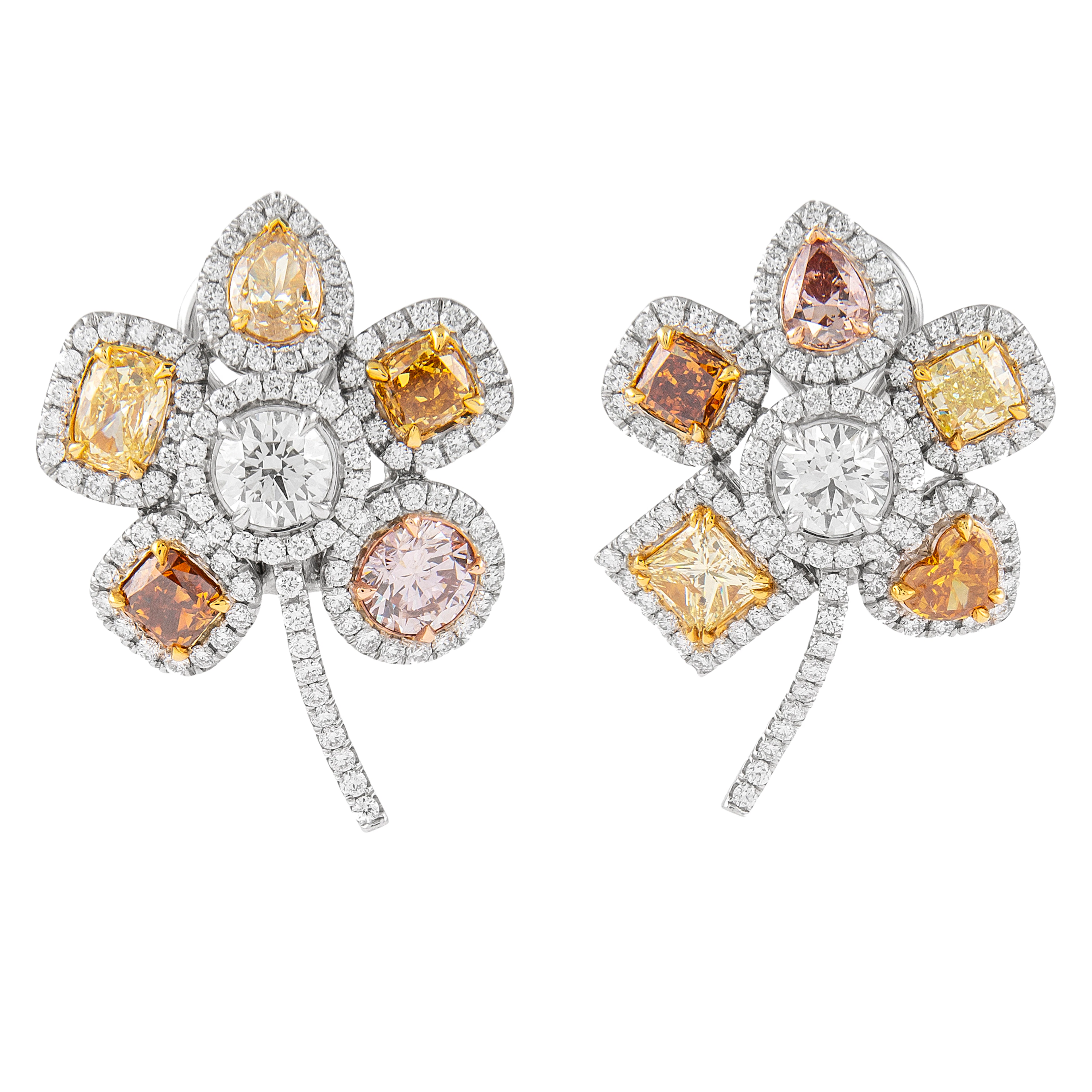 Gold, Fancy Color Diamond and Diamond Floral Earclips