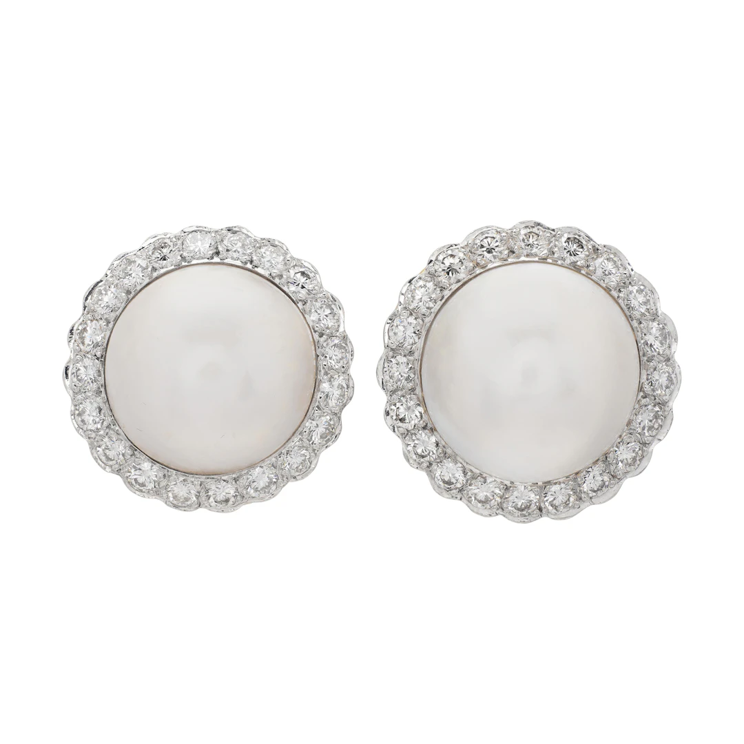 Vintage Gold, Platinum, Mabé Pearl and Diamond Earclips
