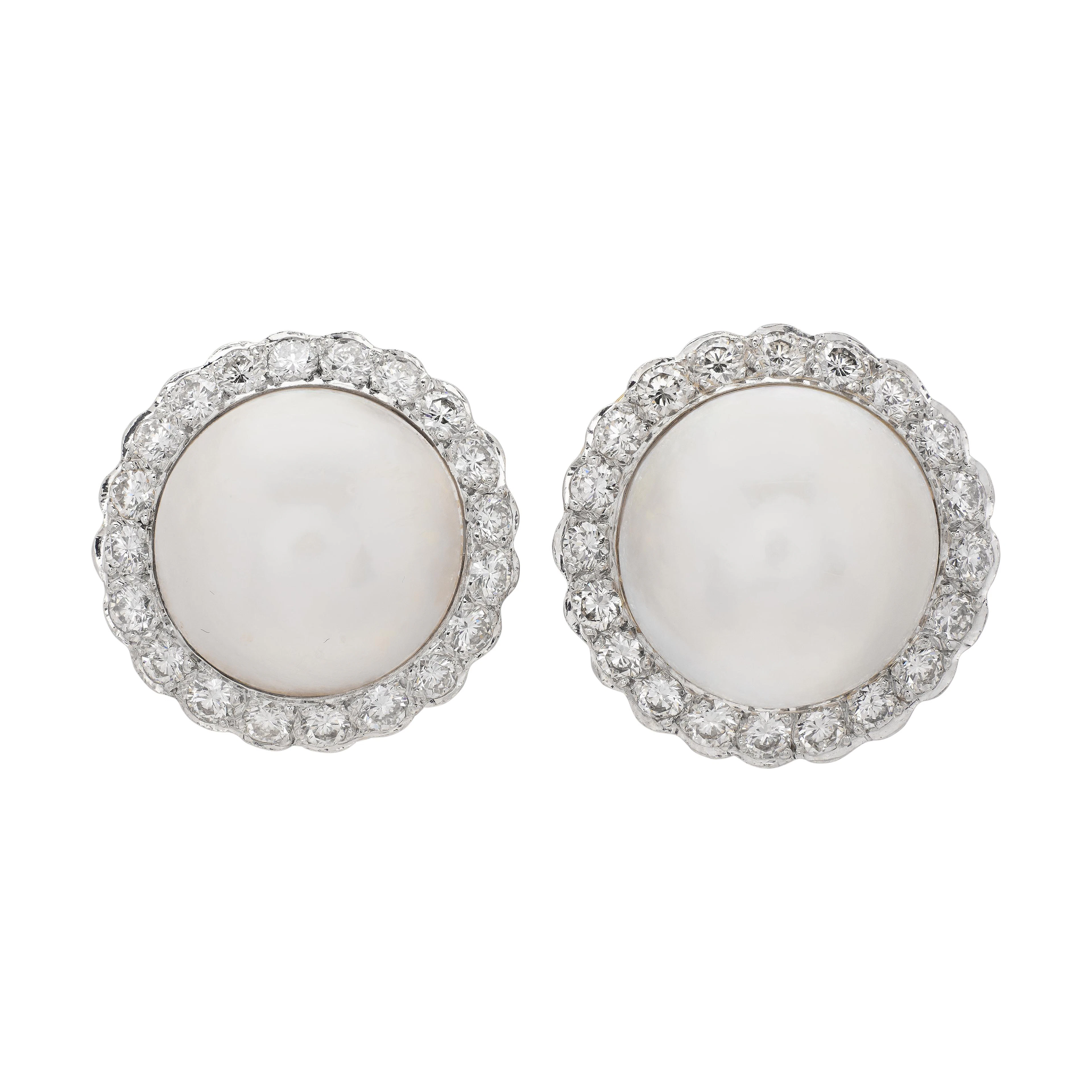 Vintage Gold, Platinum, Mabé Pearl and Diamond Earclips