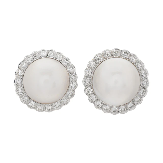 Vintage Gold, Platinum, Mabé Pearl and Diamond Earclips