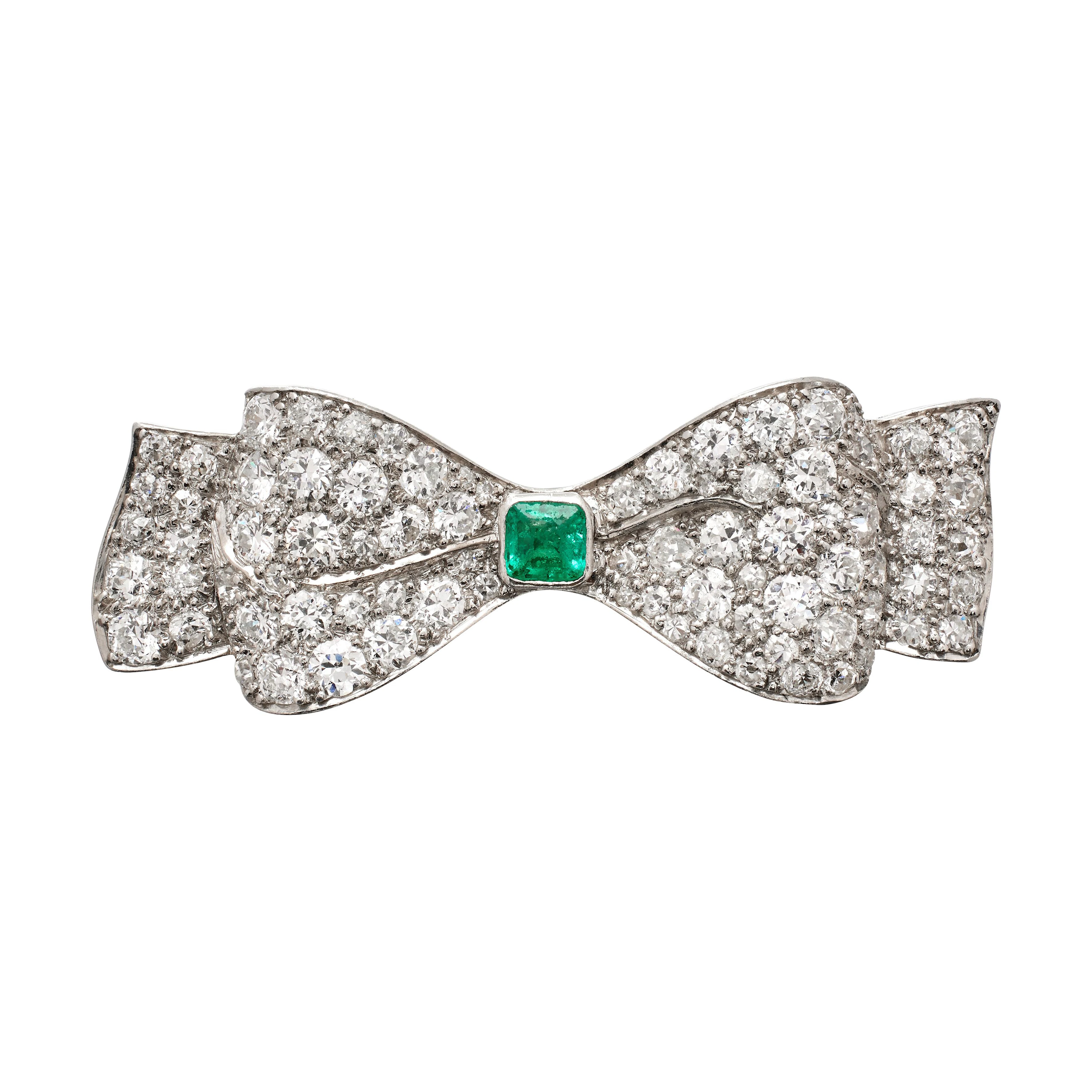Platinum, Emerald and Diamond Bow Brooch