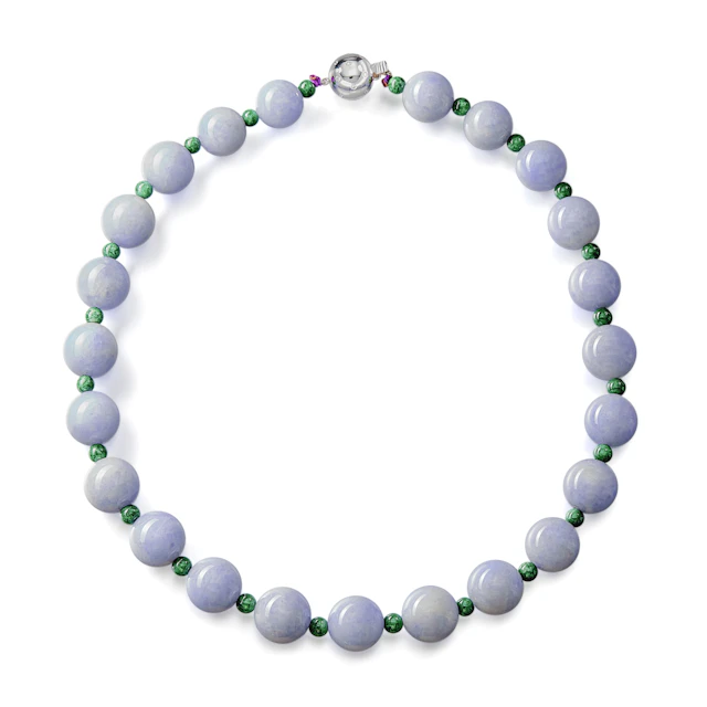 White Gold, Lavender Jadeite, Green Jadeite and Diamond Bead Necklace