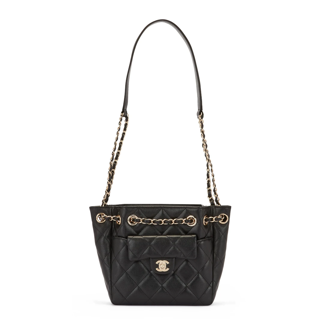 Black Quilted Grained Calfskin Bucket Bag Gold Hardware, 2021