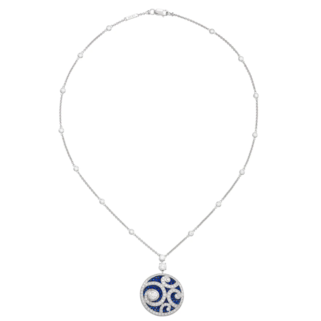 White Gold, Sapphire and Diamond Medallion Pendant Necklace