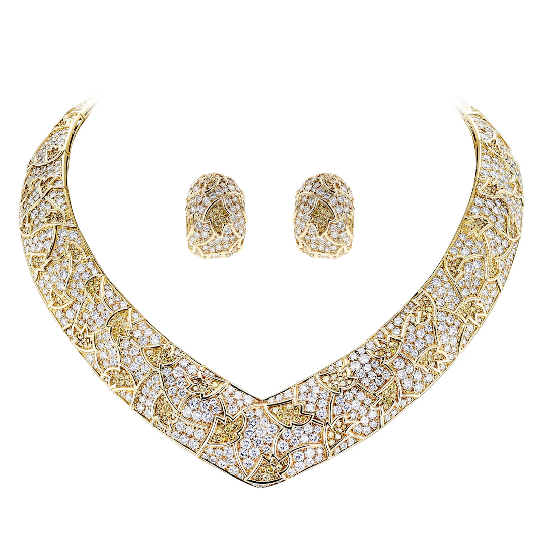 Gold, Yellow Diamond and Diamond Earclips and Necklace Set