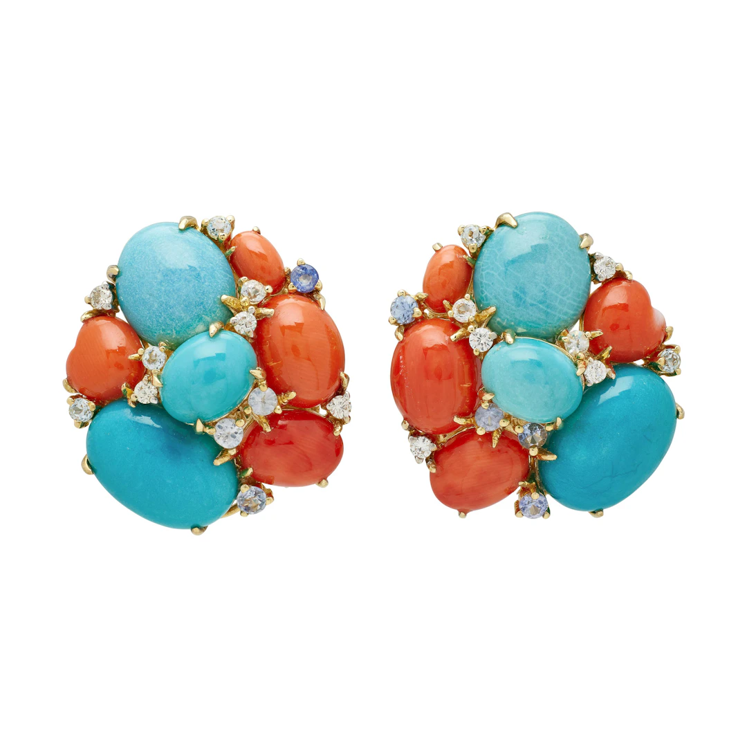 Gold, Turquoise, Coral, Sapphire, Topaz, and Diamond Earclips