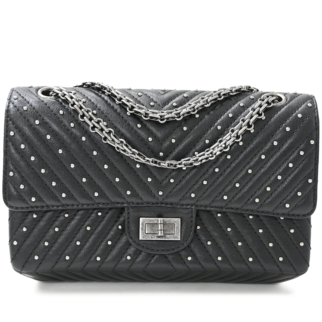 Black Chevron Studded Goatskin Small 2.55 Reissue 225 Flap Bag Ruthenium