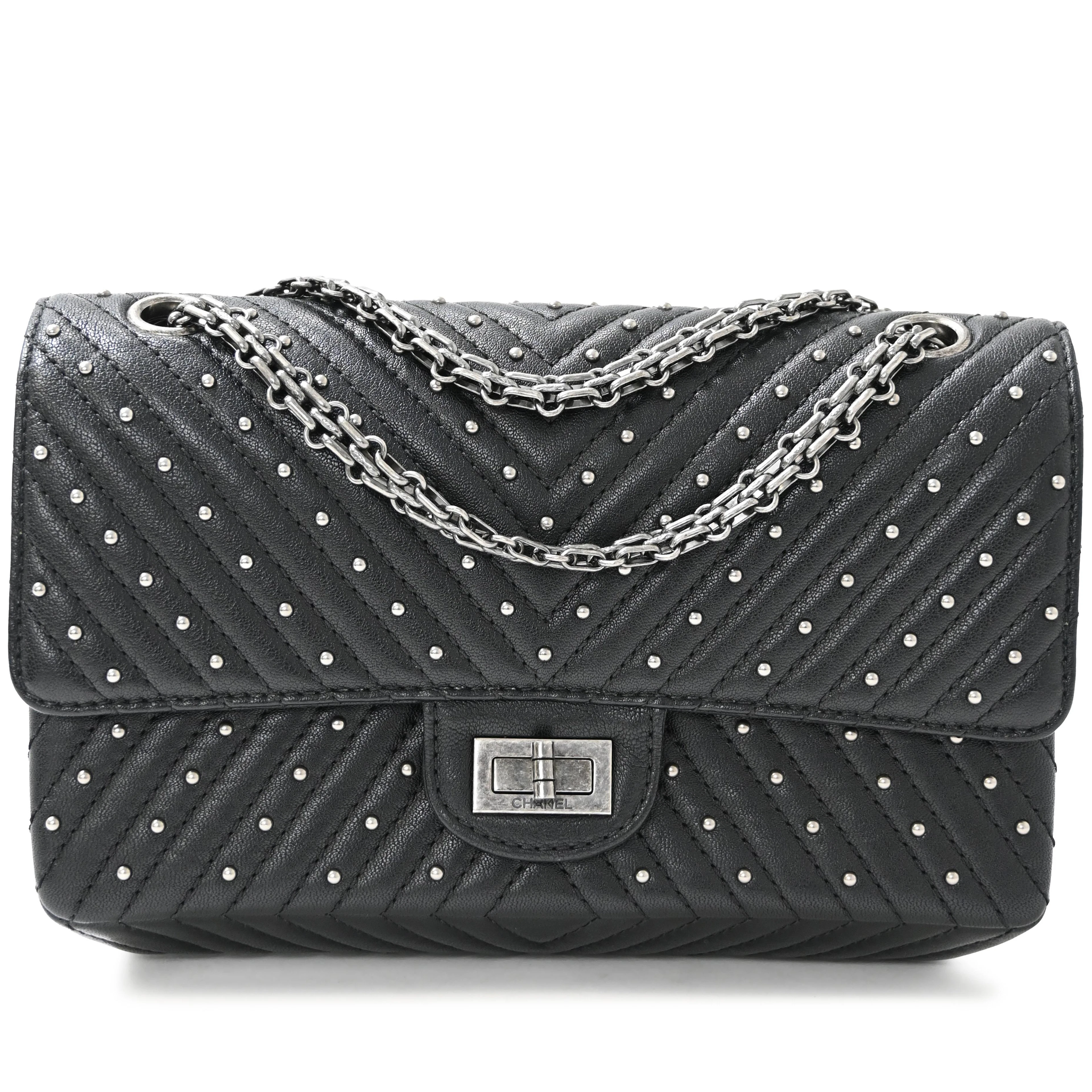 Black Chevron Studded Goatskin Small 2.55 Reissue 225 Flap Bag Ruthenium