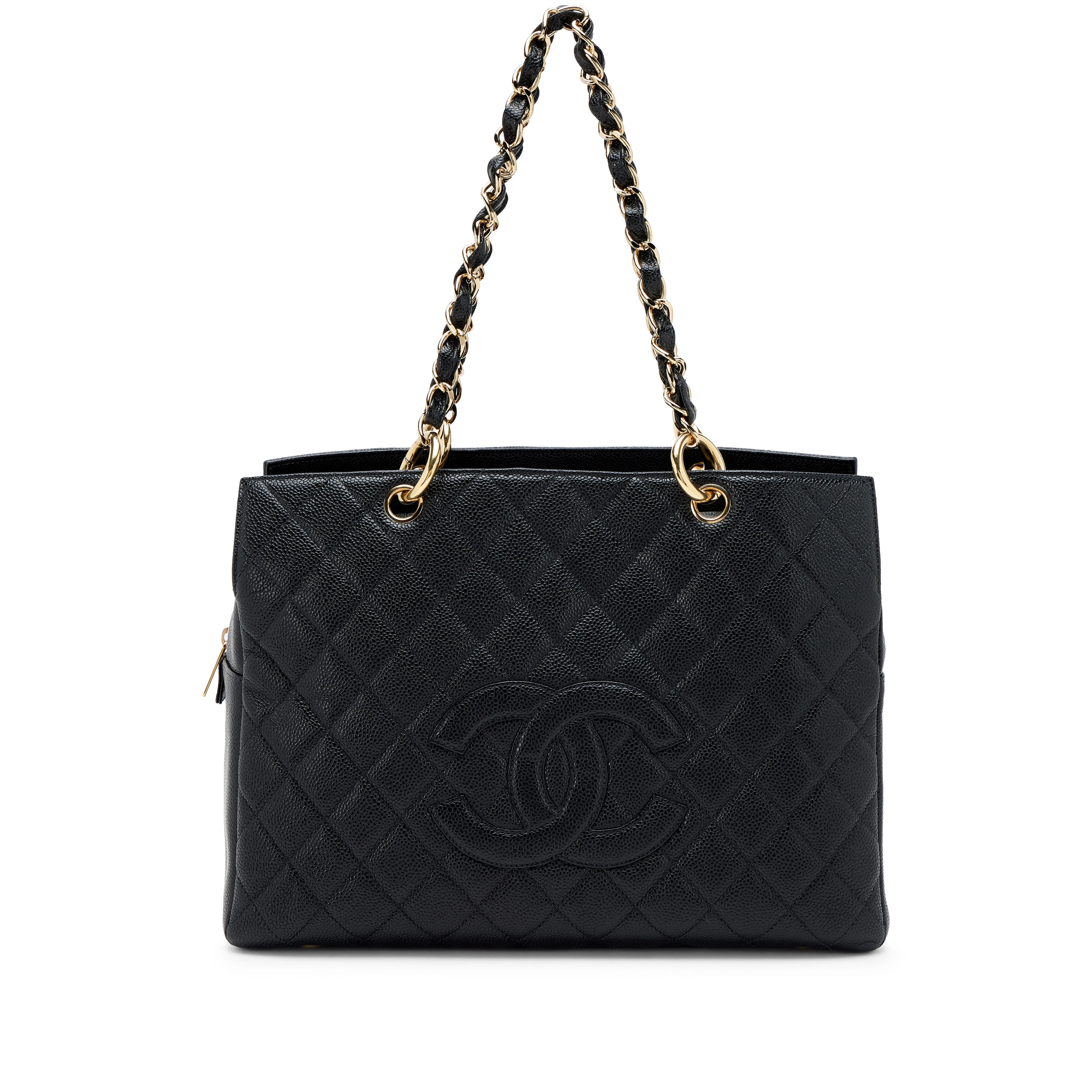 Vintage Black Quilted Caviar Timeless Large Shopping Tote Bag Gold