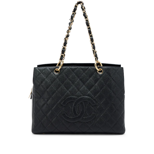 Vintage Black Quilted Caviar Timeless Large Shopping Tote Bag Gold