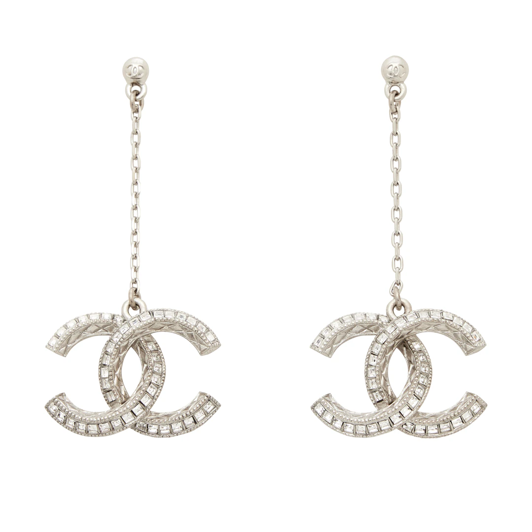 Silver Metal and Crystal CC Drop Earrings, 2018