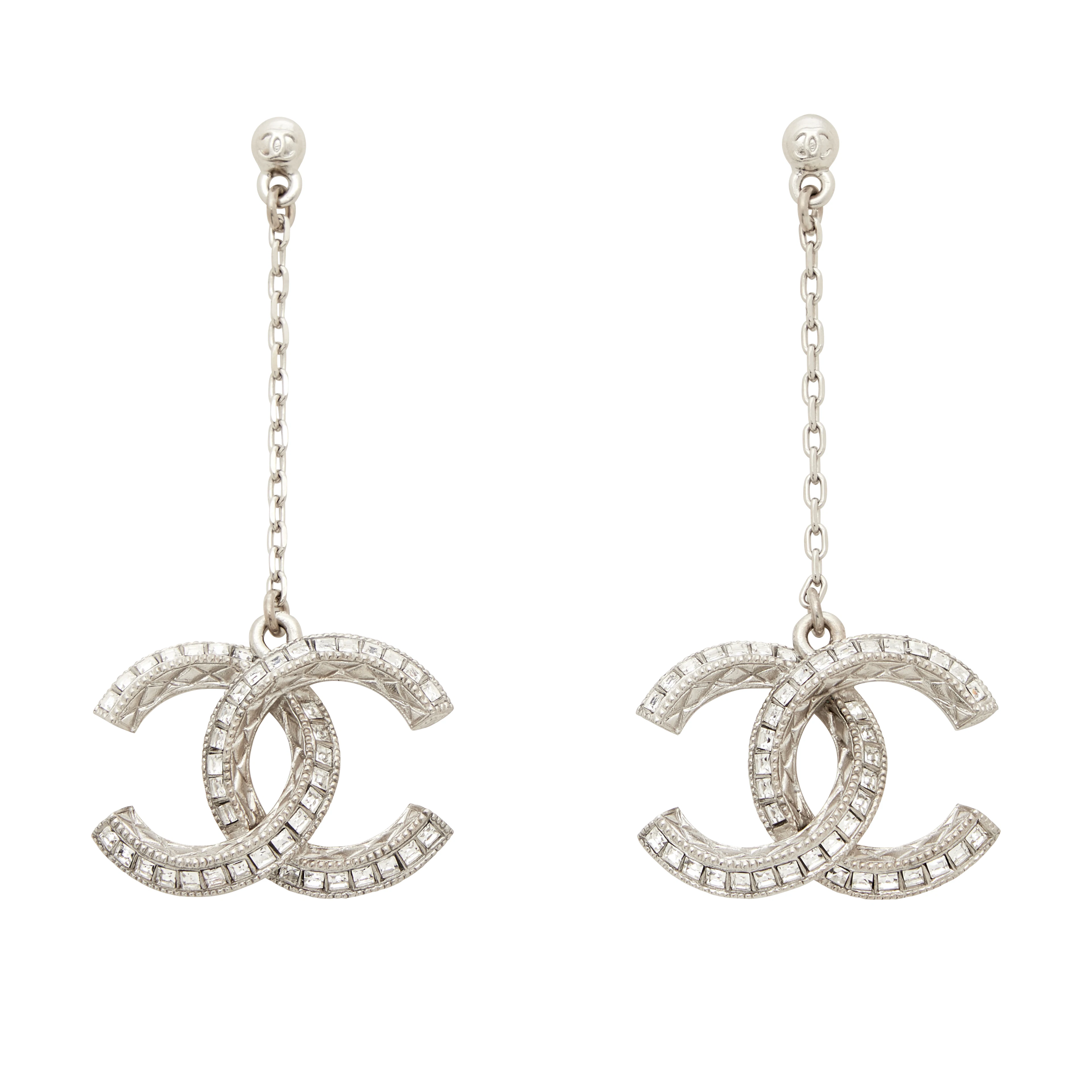 Silver Metal and Crystal CC Drop Earrings, 2018