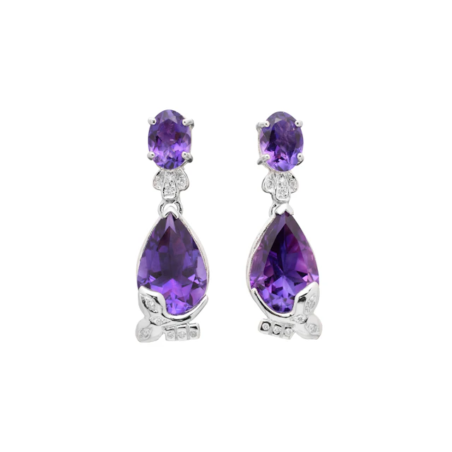 White Gold, Amethyst and Diamond Drop Earrings