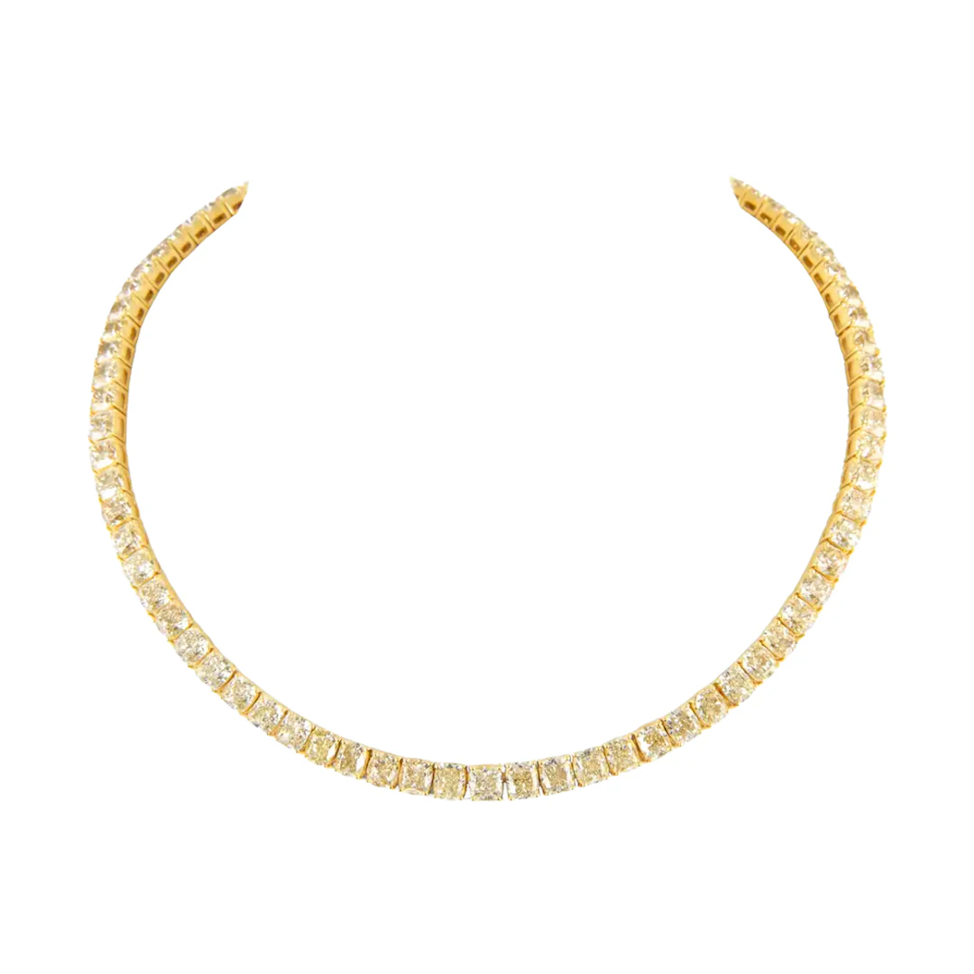 Gold and 53.95ctw Cushion Cut Yellow Diamond Tennis Necklace