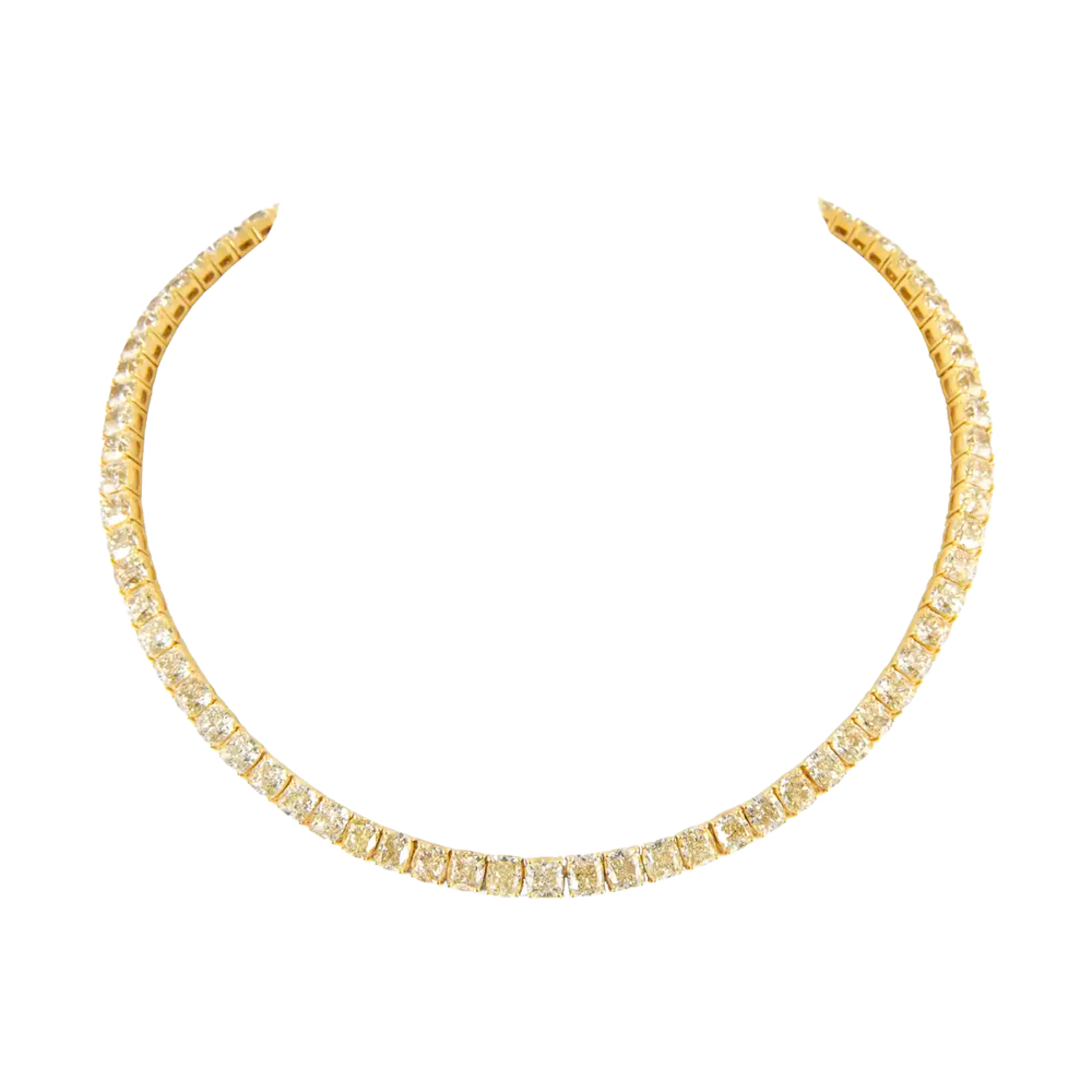 Gold and 53.95ctw Cushion Cut Yellow Diamond Tennis Necklace