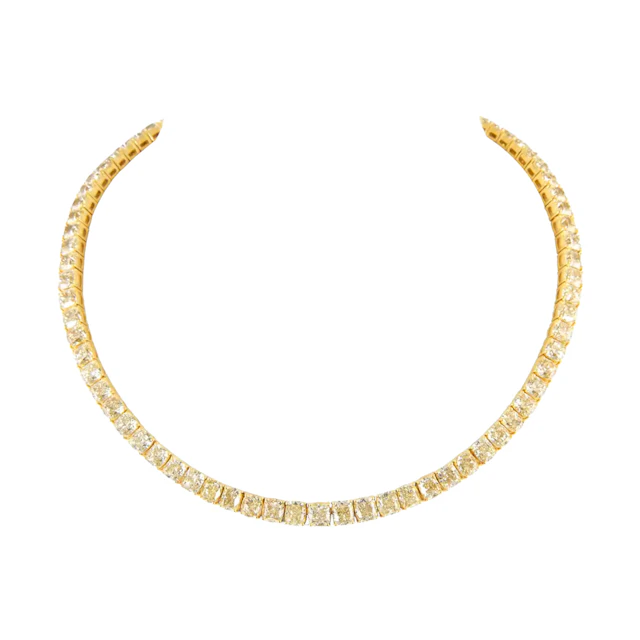 Gold and 53.95ctw Cushion Cut Yellow Diamond Tennis Necklace