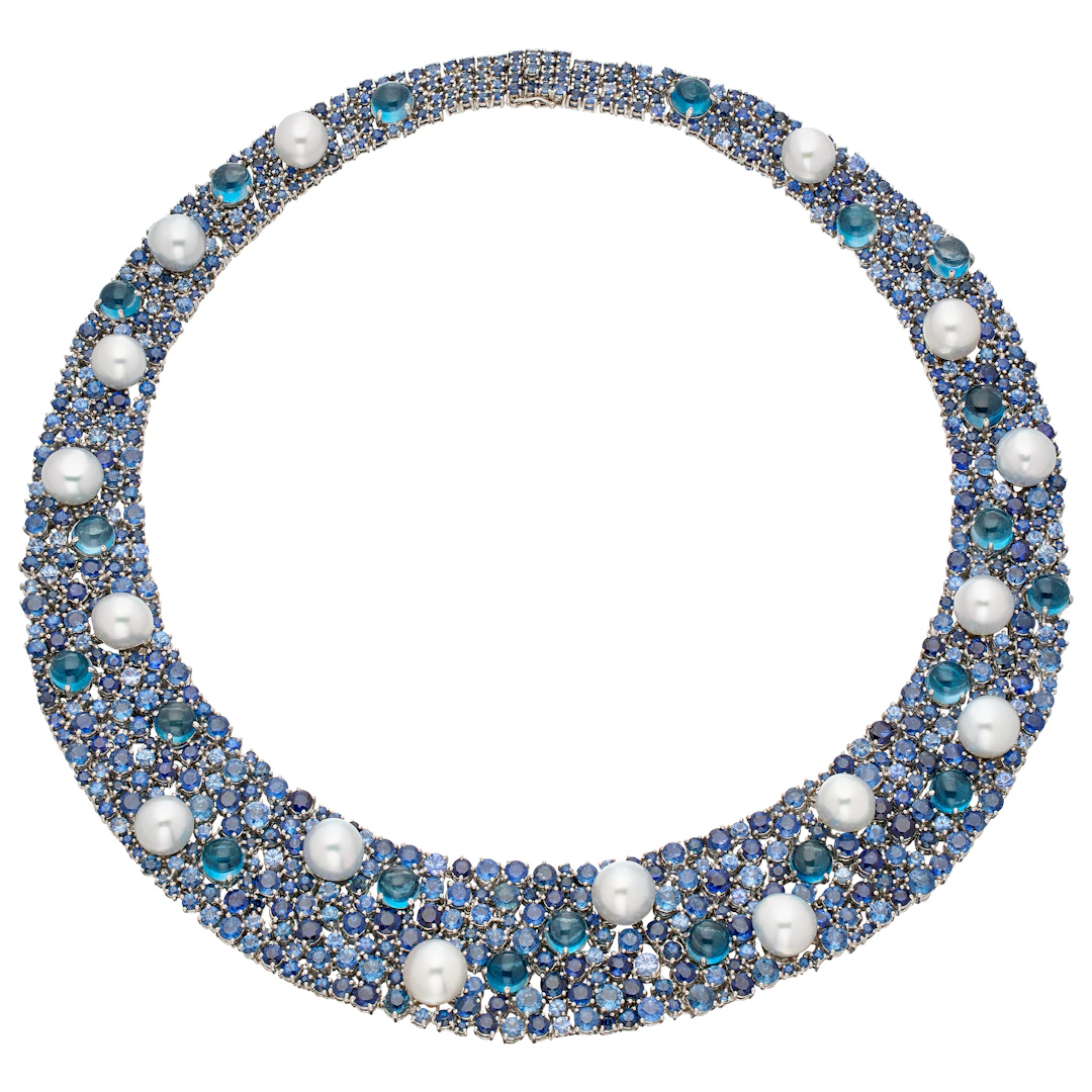 White Gold, Cultured Pearl, Sapphire and Topaz Necklace