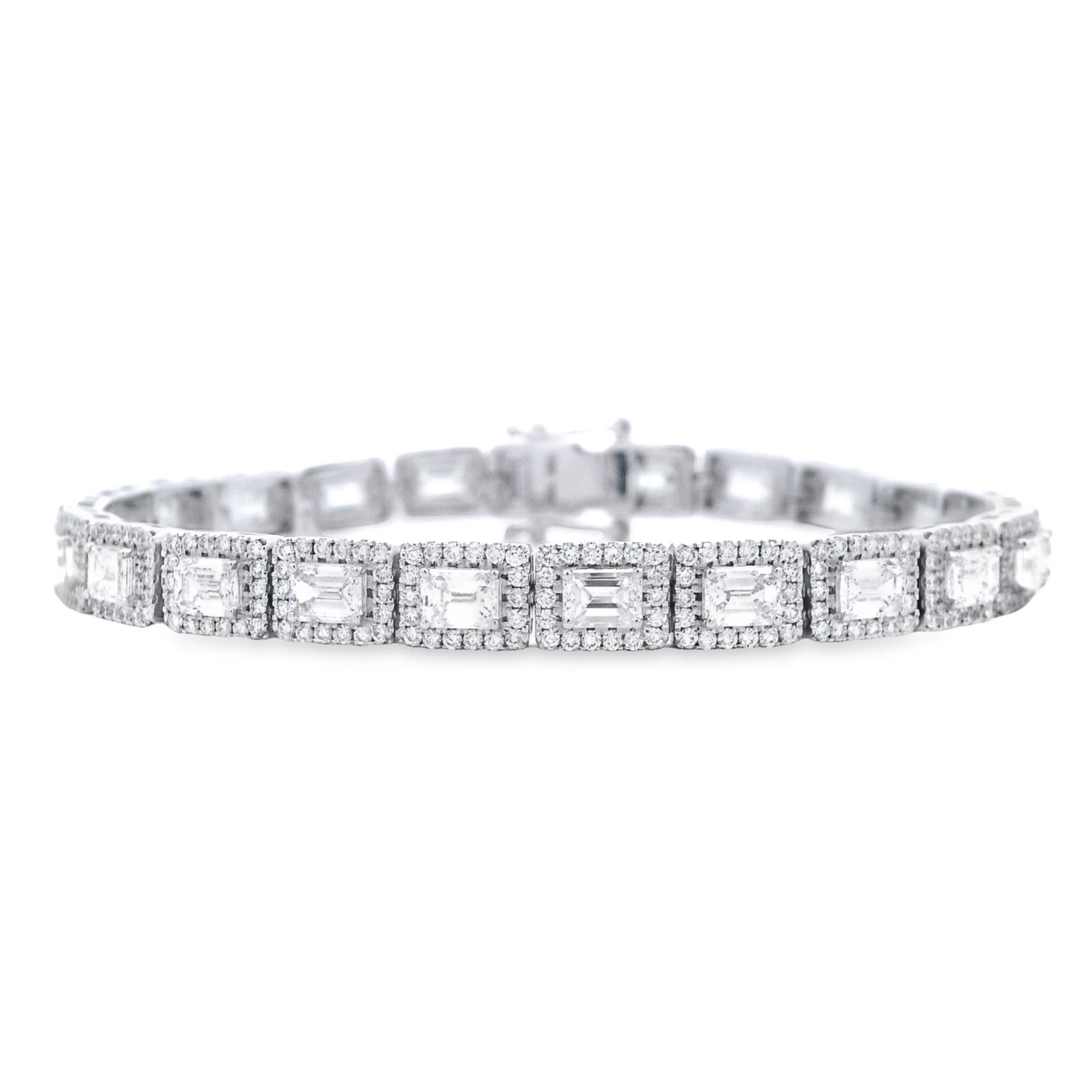 White Gold and 6.95ctw Emerald Cut Diamond and Diamond Tennis Bracelet