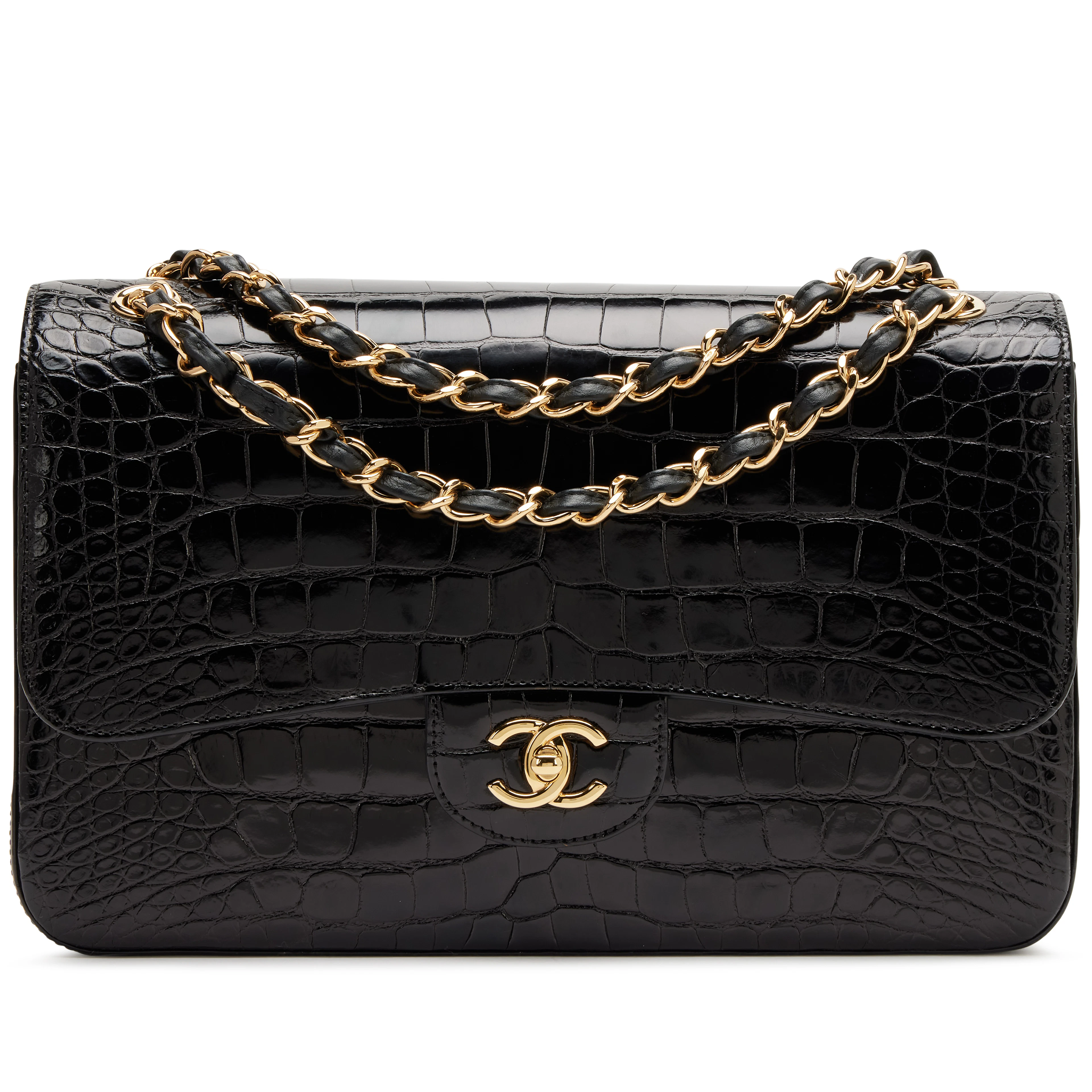 Black Alligator Jumbo Classic Double Flap Bag Gold Hardware, 2017