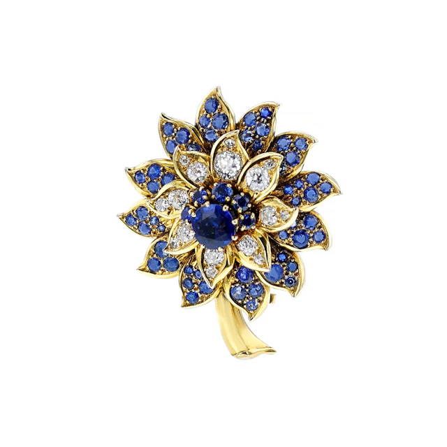 Vintage Gold, Sapphire and Diamond Flower Brooch