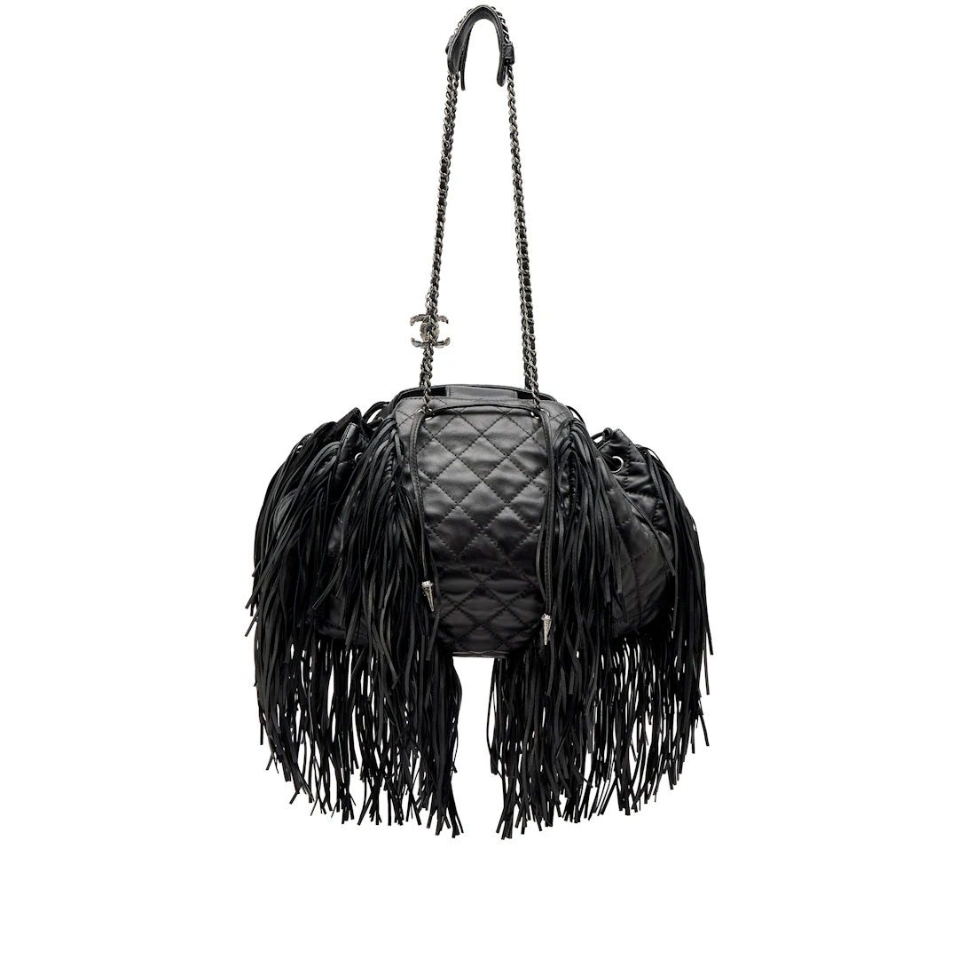 Black Quilted Lambskin Paris-Dallas Drawstring Western Baluchon Fringe