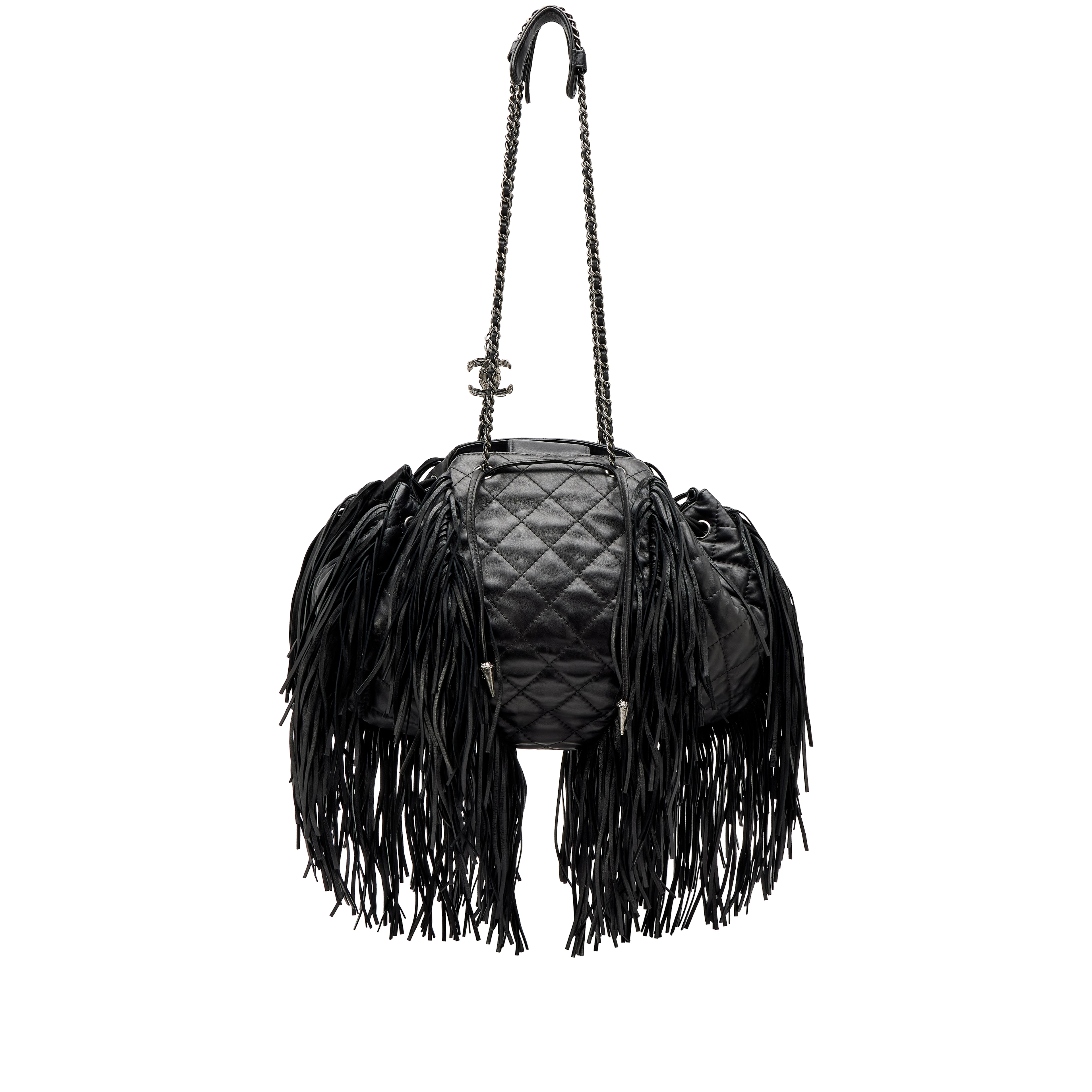 Black Quilted Lambskin Paris-Dallas Drawstring Western Baluchon Fringe