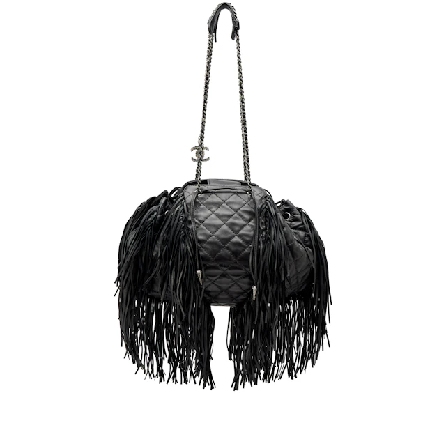 Black Quilted Lambskin Paris-Dallas Drawstring Western Baluchon Fringe