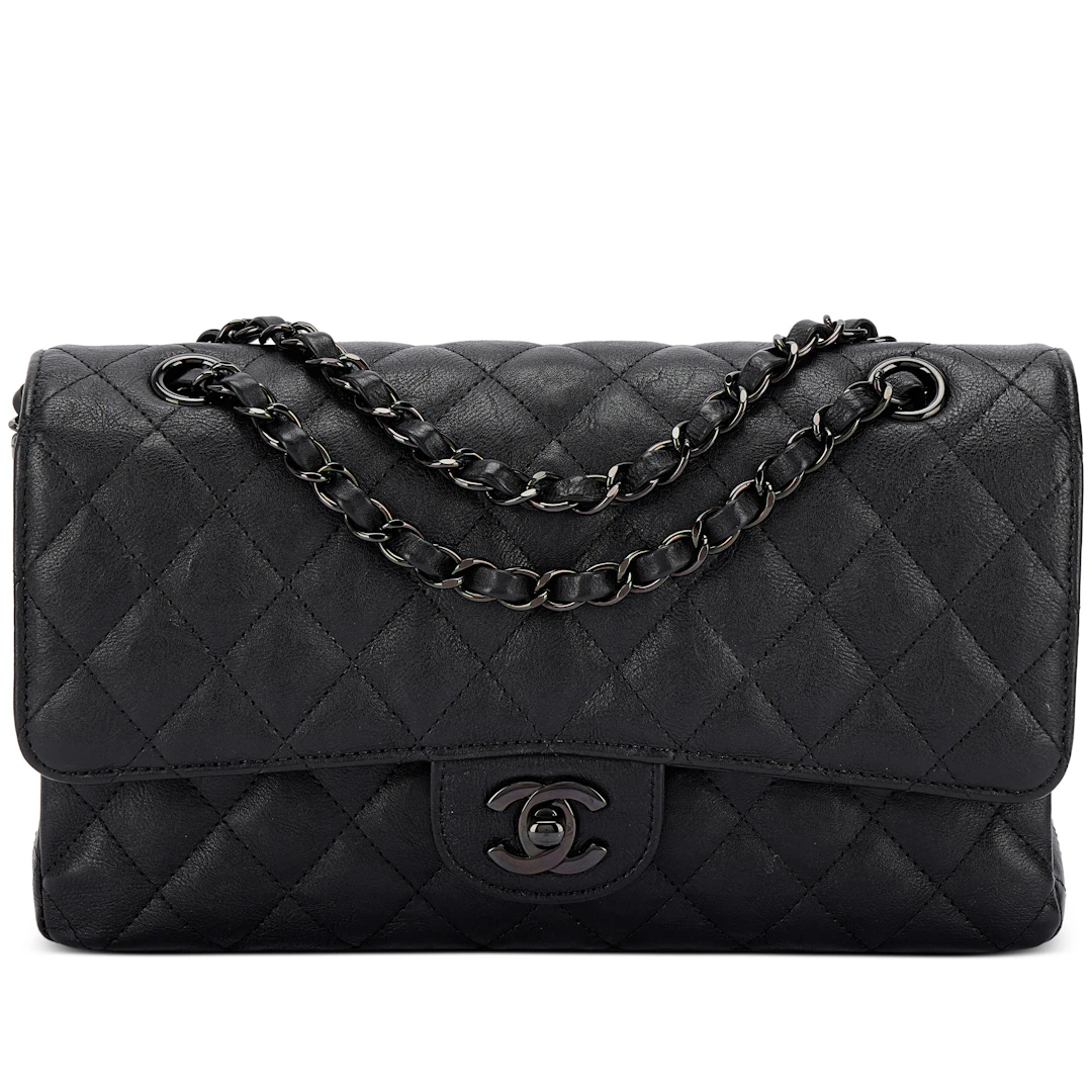 Black Quilted Textured Calfskin So Black Timeless Classic Double Flap