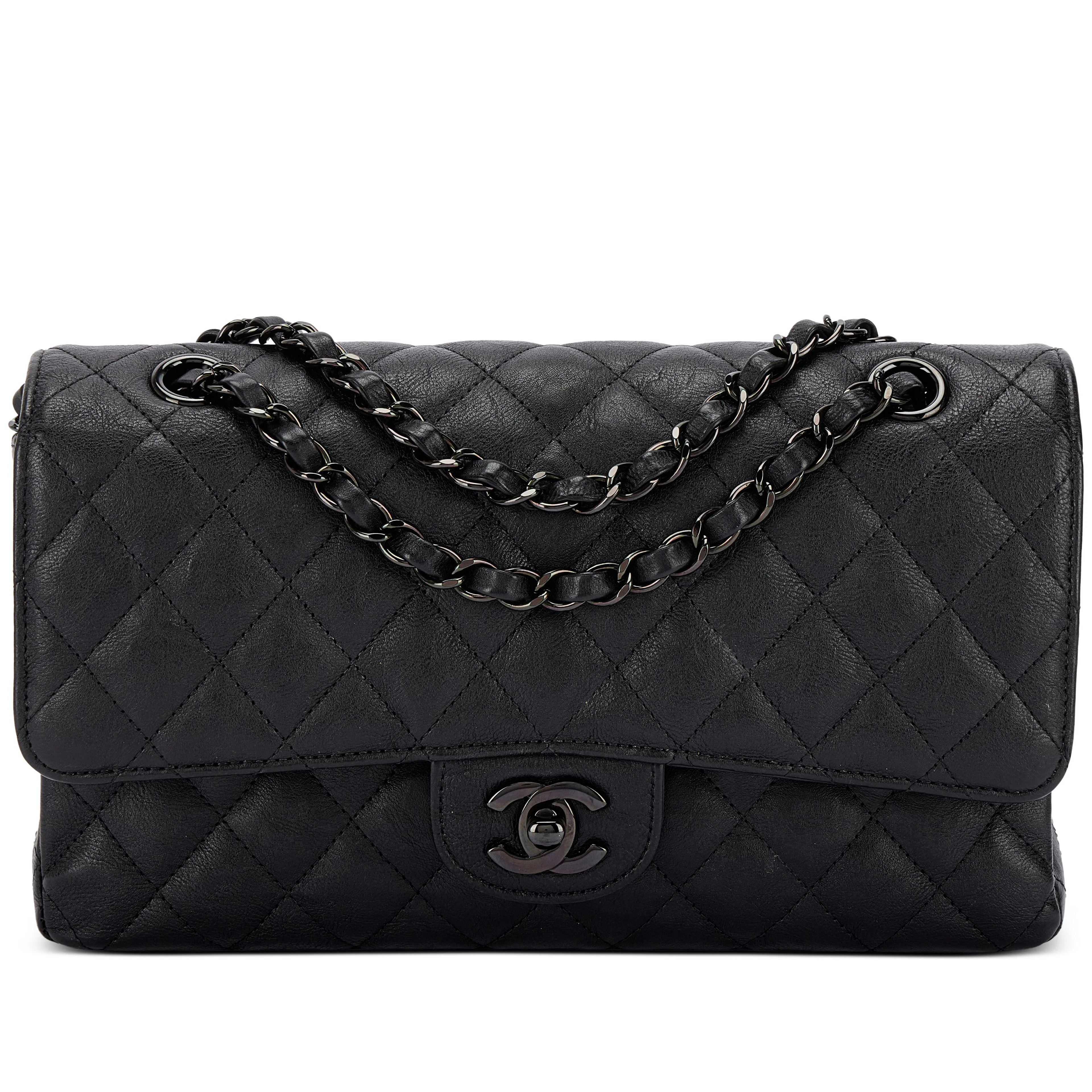 Black Quilted Textured Calfskin So Black Timeless Classic Double Flap