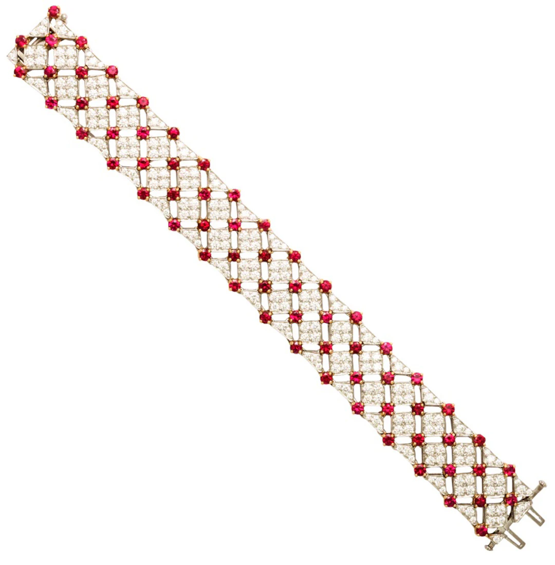 Vintage Platinum, Gold, Ruby and Diamond Trellis Bracelet