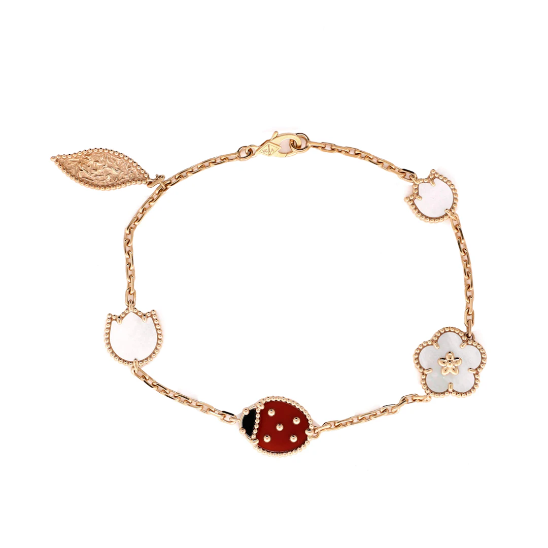 Rose Gold, Mother of Pearl, Onyx and Carnelian Lucky Spring 5 Motifs Bracelet