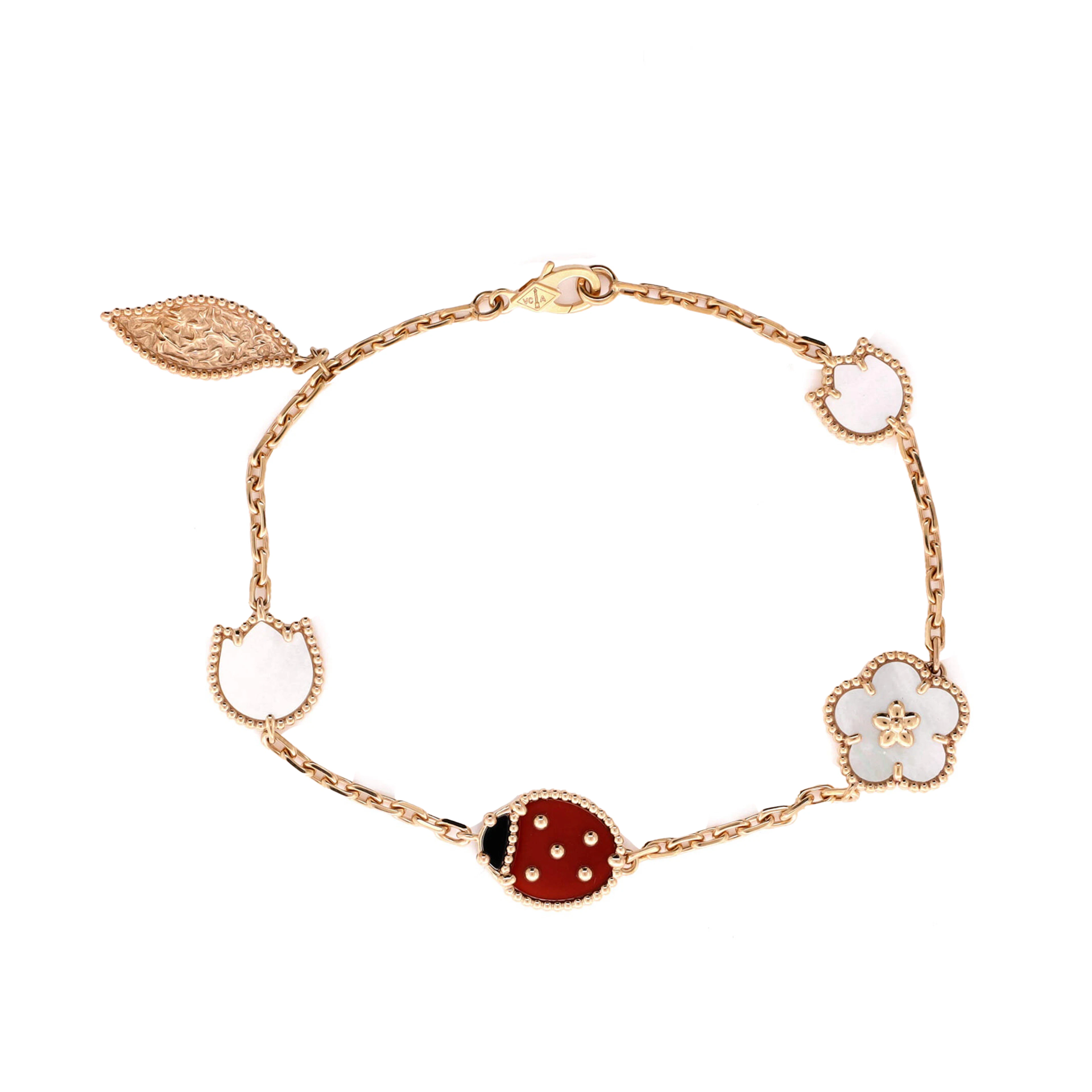 Rose Gold, Mother of Pearl, Onyx and Carnelian Lucky Spring 5 Motifs Bracelet