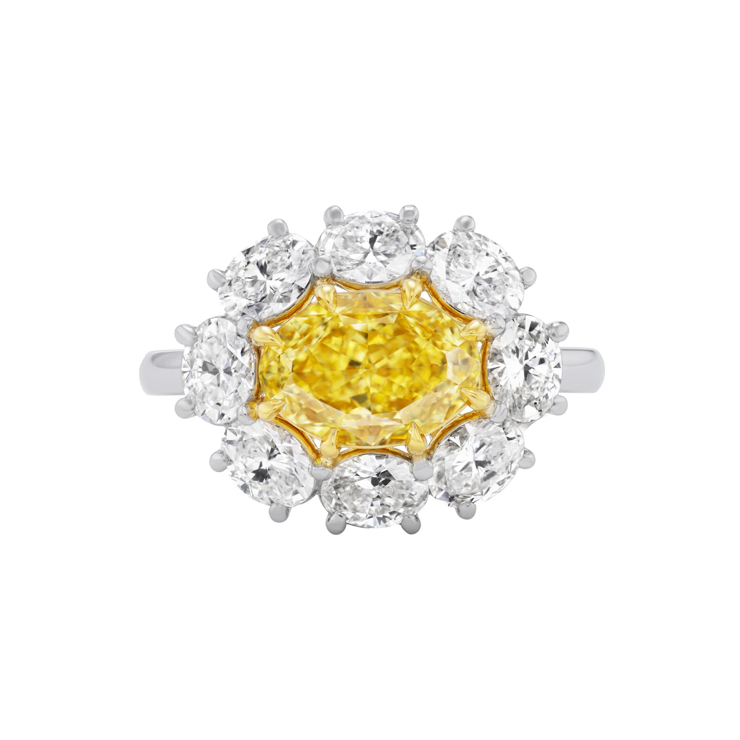 Platinum, Gold, 3.02ct Oval Cut Fancy Intense Yellow Diamond and Diamond